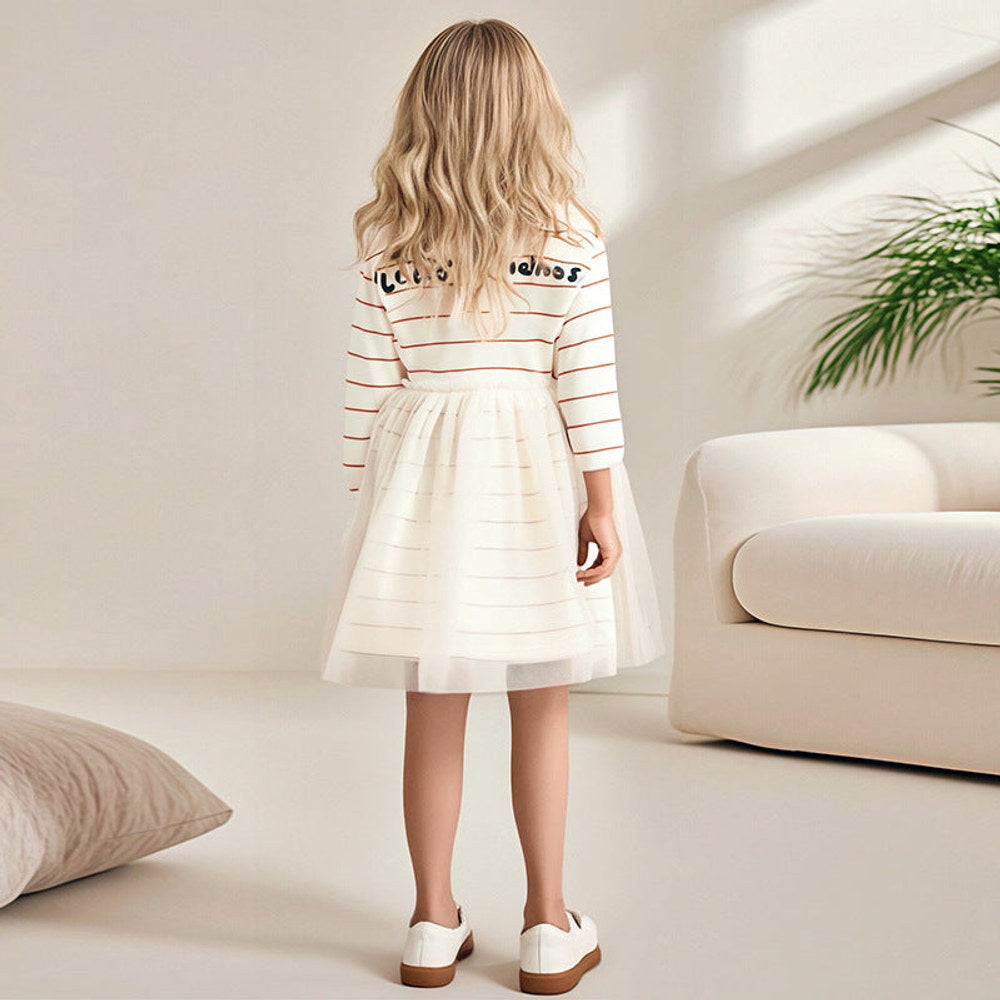 MyKids-USA® Warm Teddy Cartoon and Striped Pattern Long Sleeves Crew Neck Dress for Stylish Girls