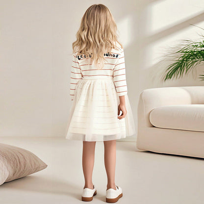 MyKids-USA® Warm Teddy Cartoon and Striped Pattern Long Sleeves Crew Neck Dress for Stylish Girls