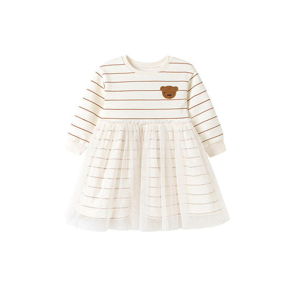 MyKids-USA® Warm Teddy Cartoon and Striped Pattern Long Sleeves Crew Neck Dress for Stylish Girls