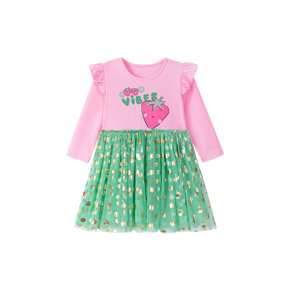 MyKids-USA® Strawberry Cartoon and Polka Dots Pattern Long Sleeves Crew Neck Dress for Stylish Girls