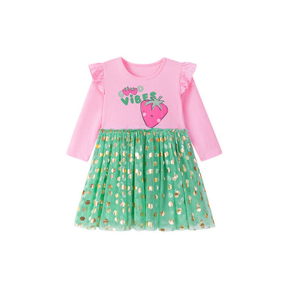 MyKids-USA® Strawberry Cartoon and Polka Dots Pattern Long Sleeves Crew Neck Dress for Stylish Girls