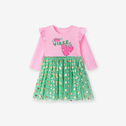 MyKids-USA® Strawberry Cartoon and Polka Dots Pattern Long Sleeves Crew Neck Dress for Stylish Girls