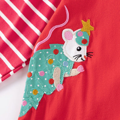 MyKids-USA® Christmas Cartoon and Striped Pattern Long Sleeves Dress