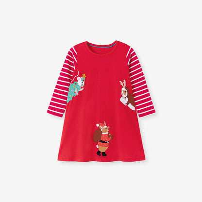 MyKids-USA® Christmas Cartoon and Striped Pattern Long Sleeves Dress