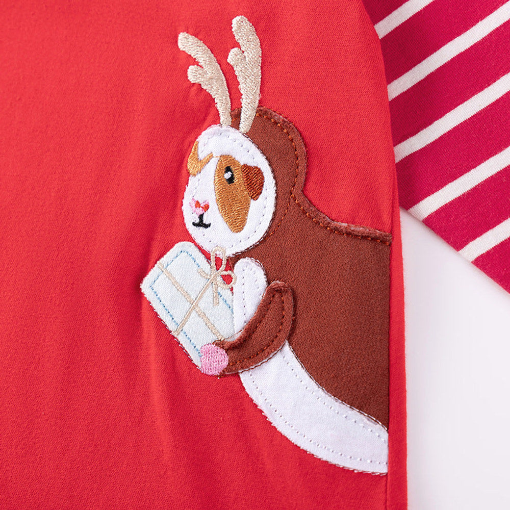MyKids-USA® Christmas Cartoon and Striped Pattern Long Sleeves Dress