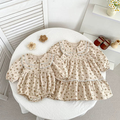 MyKids-USA® Baby Girls French Style Flowers Pattern Long-sleeved bodysuit and Dress – Princess Sister Matching Set