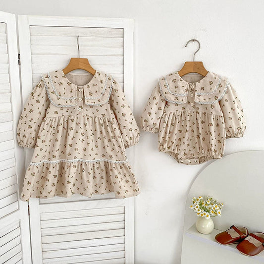 MyKids-USA® Baby Girls French Style Flowers Pattern Long-sleeved bodysuit and Dress – Princess Sister Matching Set