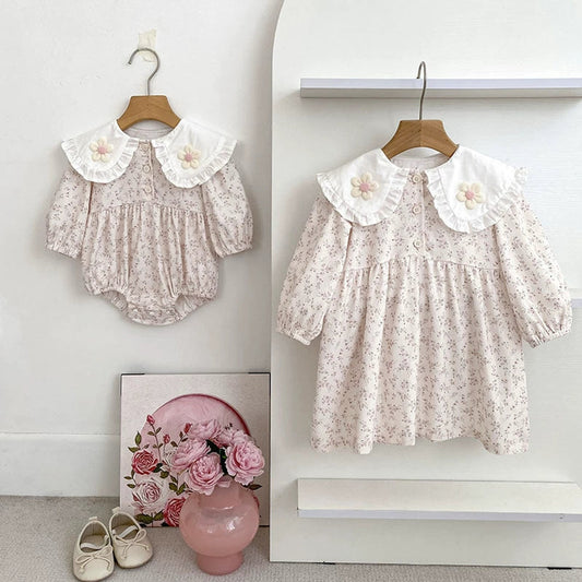 MyKids-USA® Baby Girls French Style Flowers Pattern Long-sleeved bodysuit and Dress – Princess Sister Matching Set