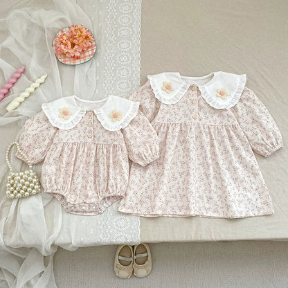 MyKids-USA® Baby Girls French Style Flowers Pattern Long-sleeved bodysuit and Dress – Princess Sister Matching Set