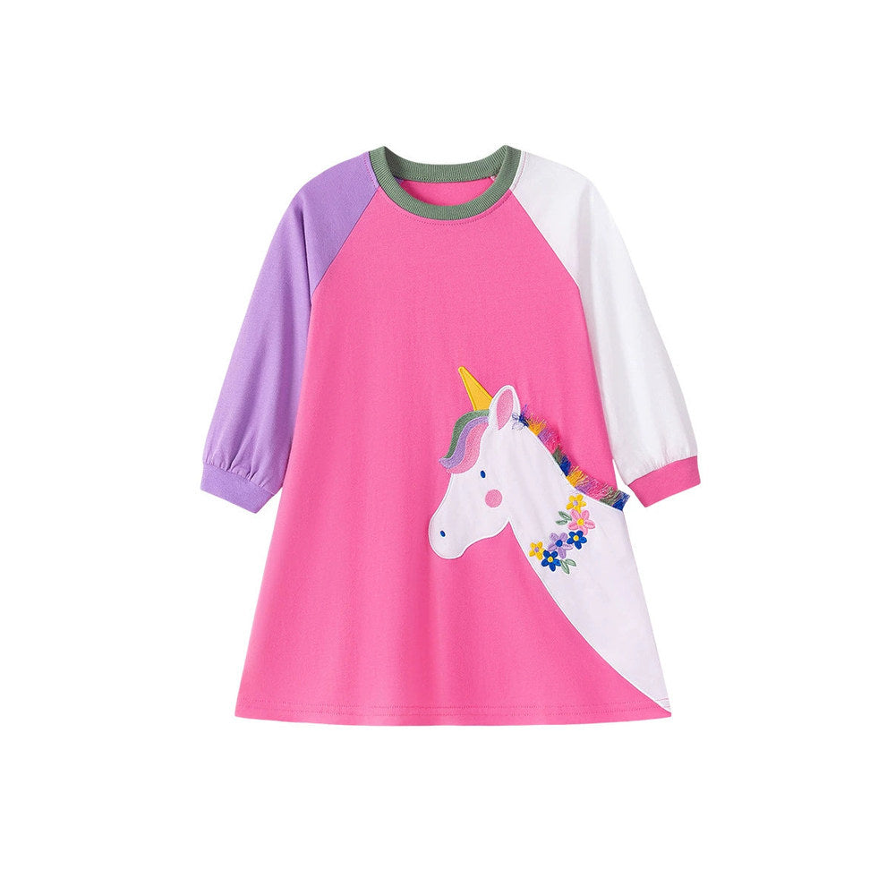 MyKids-USA® Cartoon Animals Pattern Long Sleeves Crew Neck Dress for Stylish Girls