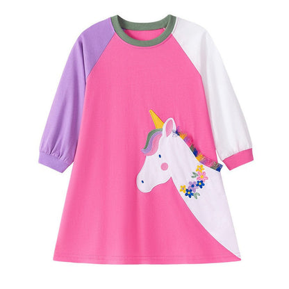 MyKids-USA® Cartoon Animals Pattern Long Sleeves Crew Neck Dress for Stylish Girls
