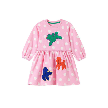 MyKids-USA® Puppy Cartoon and Polka Dots Pattern Long Sleeves Crew Neck Dress for Stylish Girls