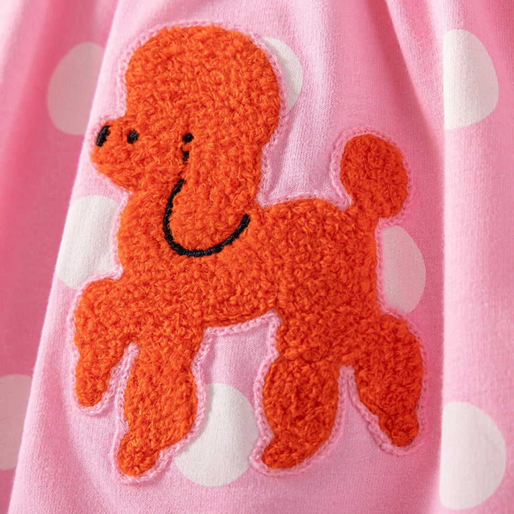 MyKids-USA® Puppy Cartoon and Polka Dots Pattern Long Sleeves Crew Neck Dress for Stylish Girls