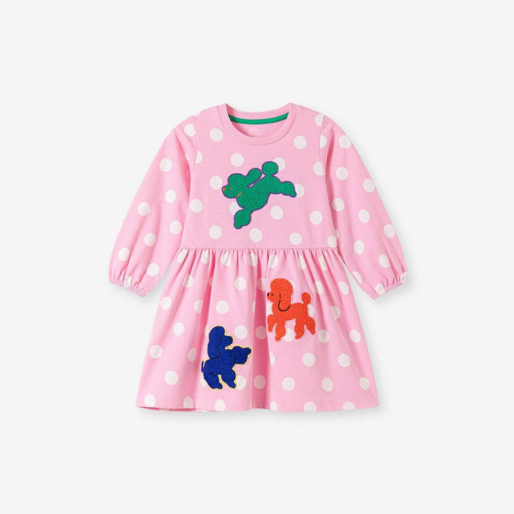 MyKids-USA® Puppy Cartoon and Polka Dots Pattern Long Sleeves Crew Neck Dress for Stylish Girls