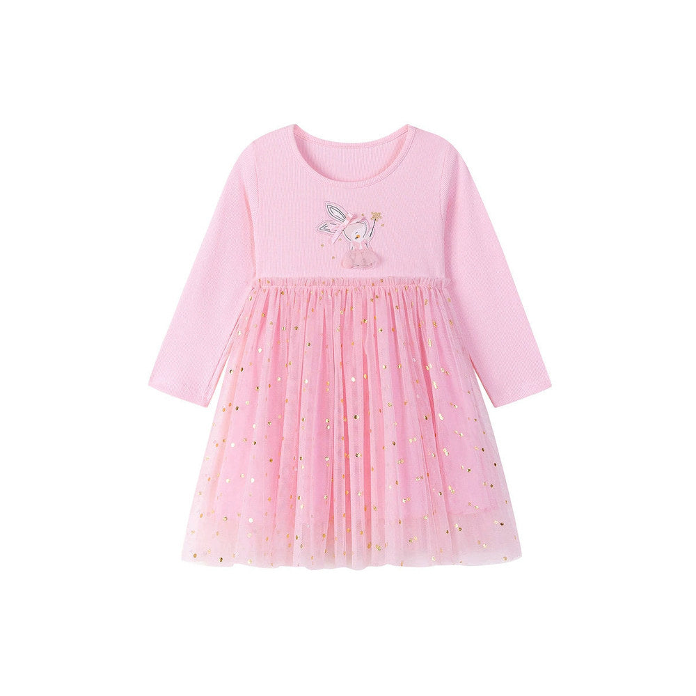 MyKids-USA® Rabbit Cartoon and Dots Pattern Long Sleeves Crew Neck Dress for Stylish Girls