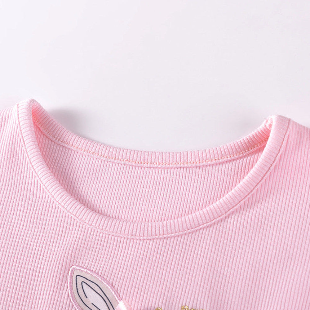 MyKids-USA® Rabbit Cartoon and Dots Pattern Long Sleeves Crew Neck Dress for Stylish Girls