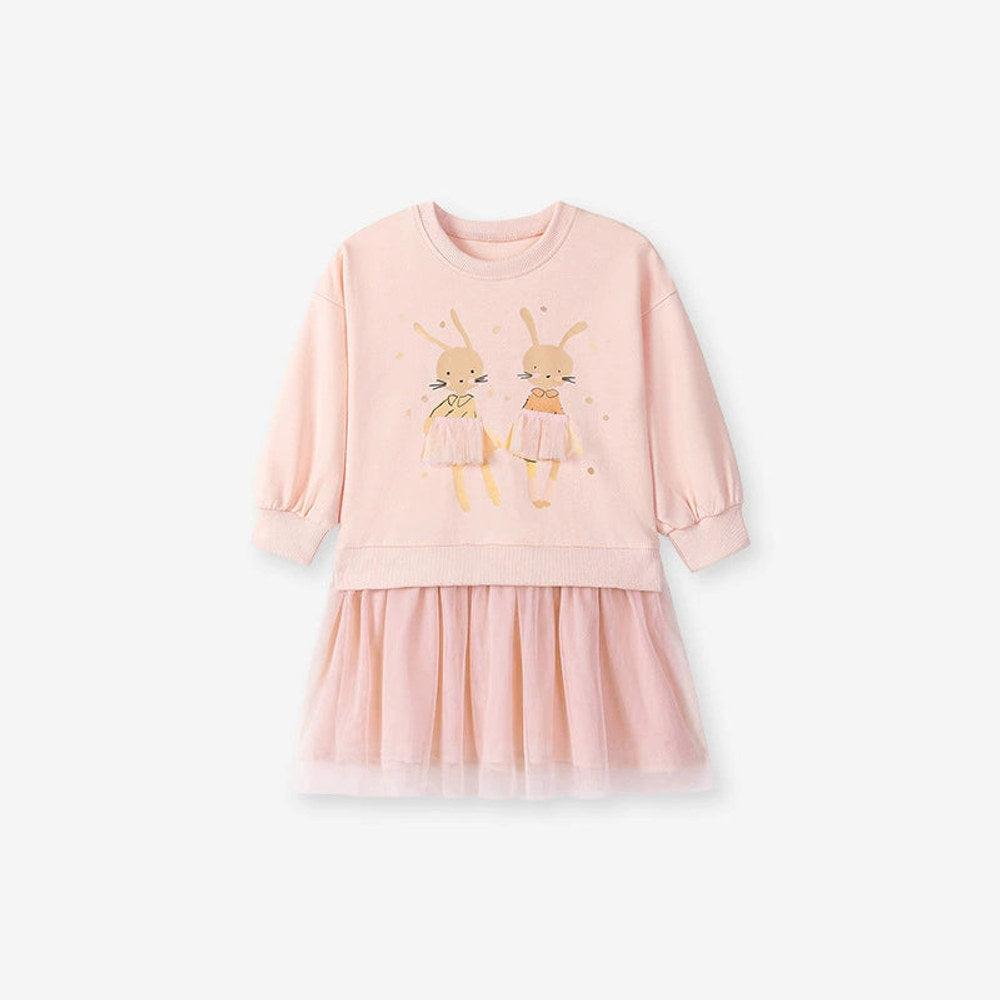 MyKids-USA® Rabbit Cartoon and Dots Pattern Long Sleeves Crew Neck Dress for Stylish Girls