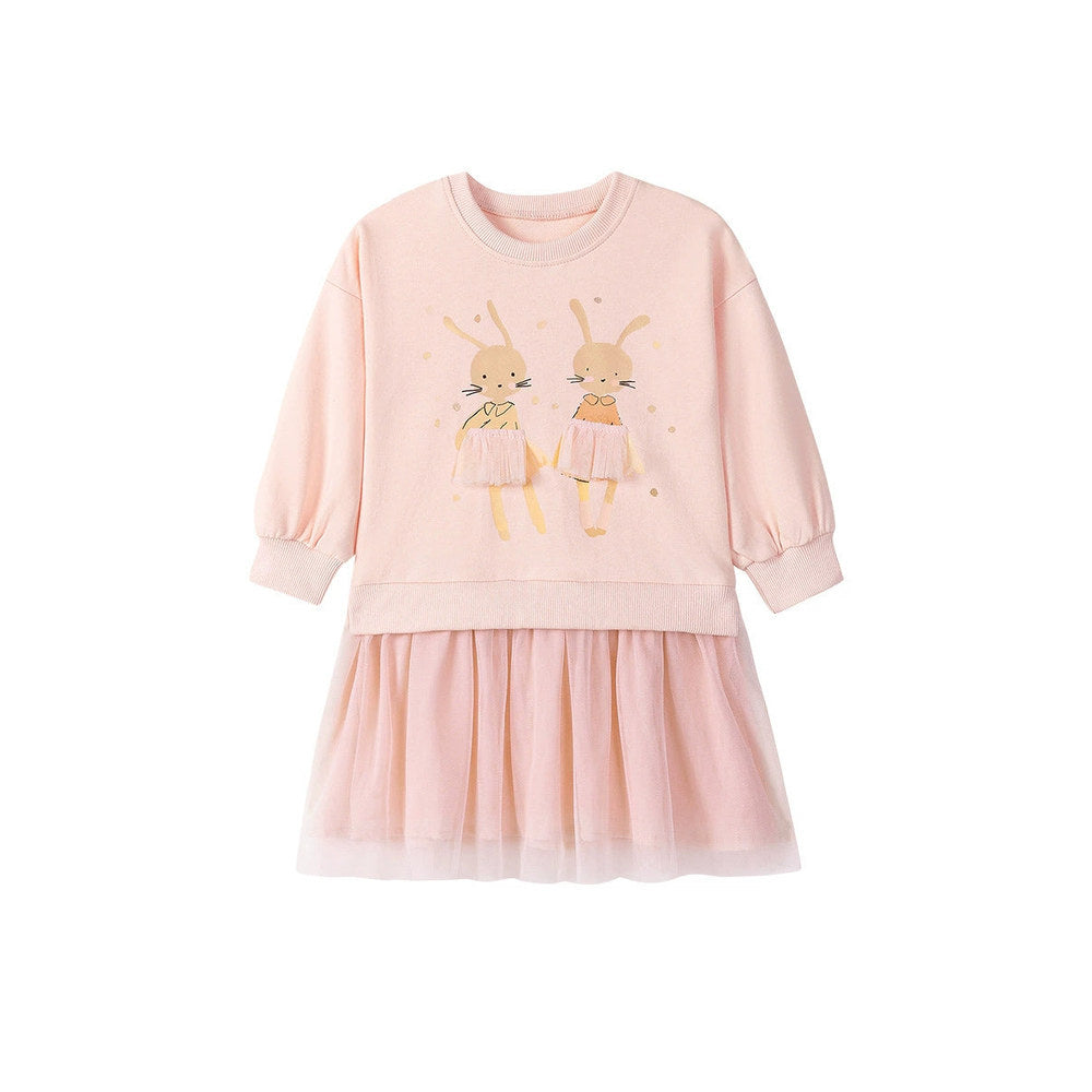 MyKids-USA® Rabbit Cartoon and Dots Pattern Long Sleeves Crew Neck Dress for Stylish Girls
