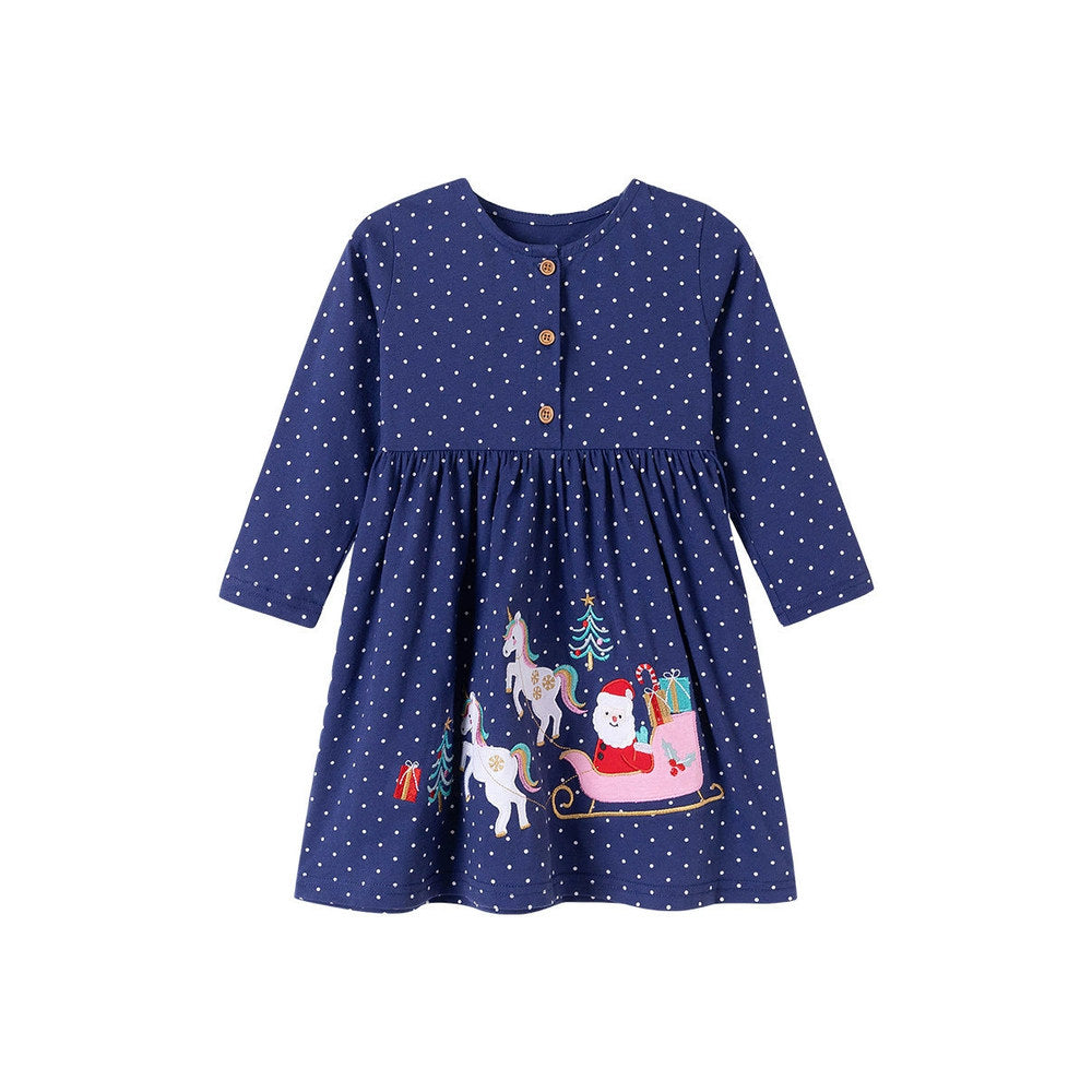 MyKids-USA® Christmas Cartoon and Dots Pattern Long Sleeves Crew Neck Dress for Stylish Girls