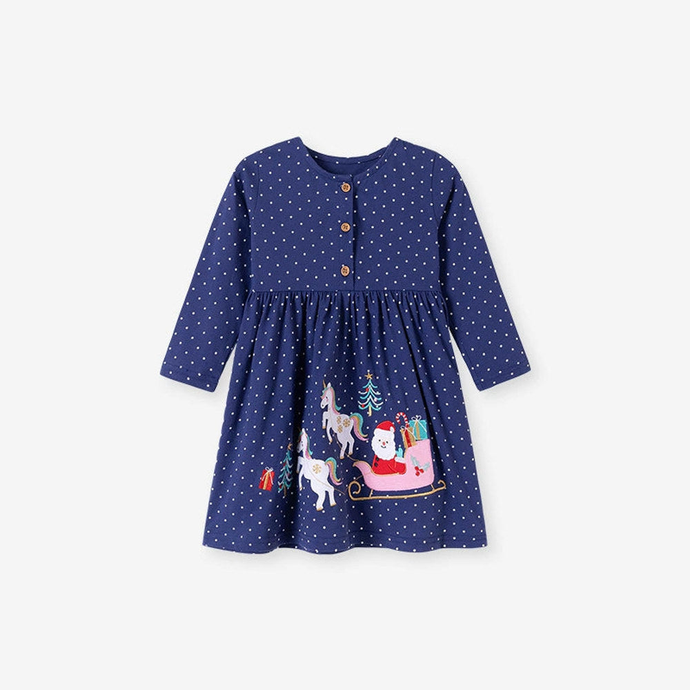 MyKids-USA® Christmas Cartoon and Dots Pattern Long Sleeves Crew Neck Dress for Stylish Girls