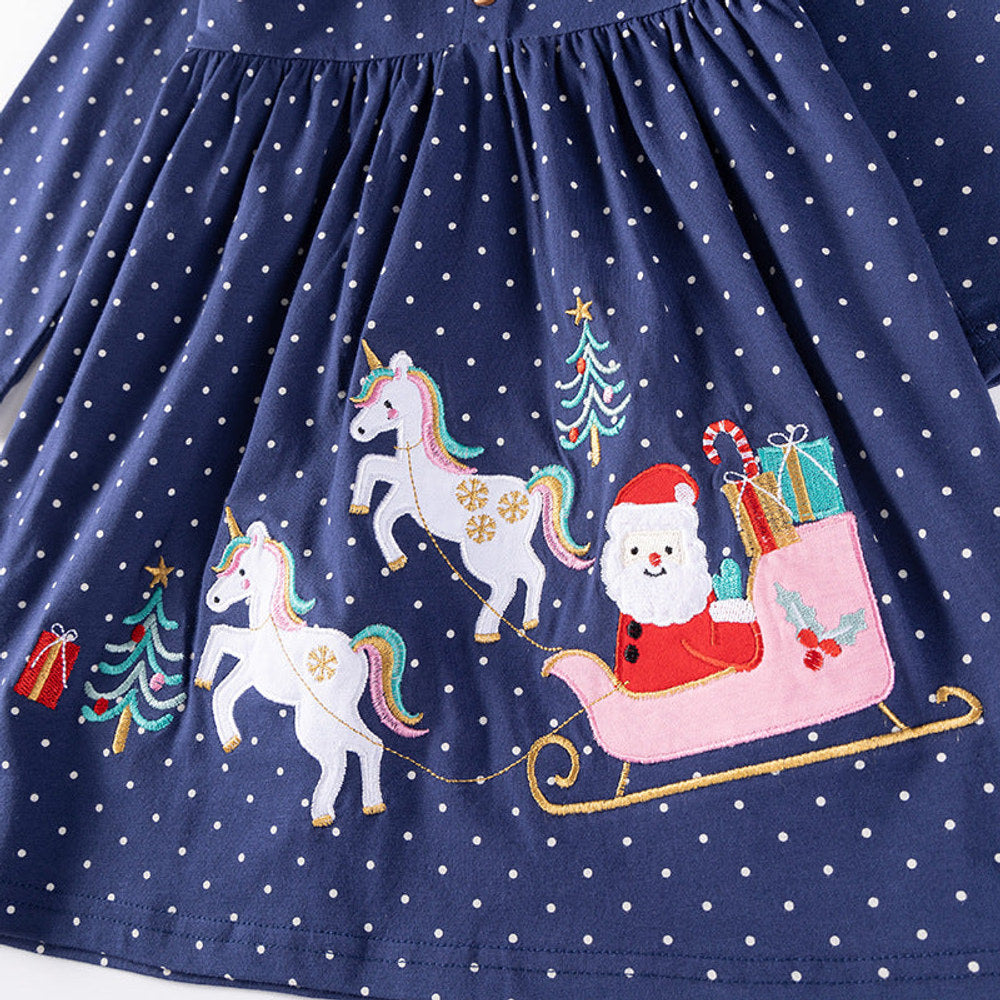 MyKids-USA® Christmas Cartoon and Dots Pattern Long Sleeves Crew Neck Dress for Stylish Girls