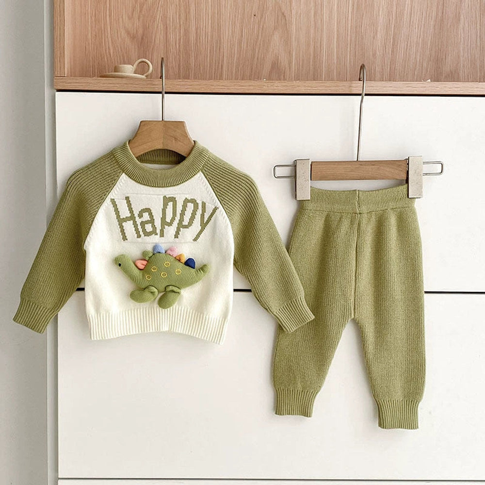 MyKids-USA® Baby Unisex Long Sleeves Color Patchwork Letters and Cartoon Pattern Knitted Top Sweater and Long Trousers Clothing Set