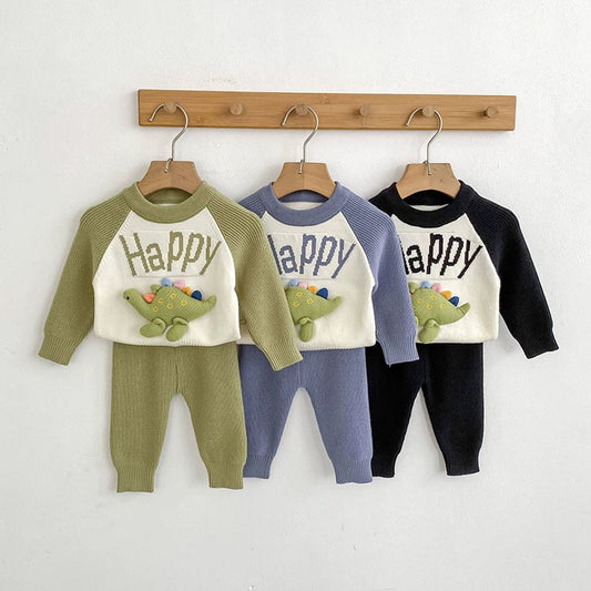 MyKids-USA® Baby Unisex Long Sleeves Color Patchwork Letters and Cartoon Pattern Knitted Top Sweater and Long Trousers Clothing Set