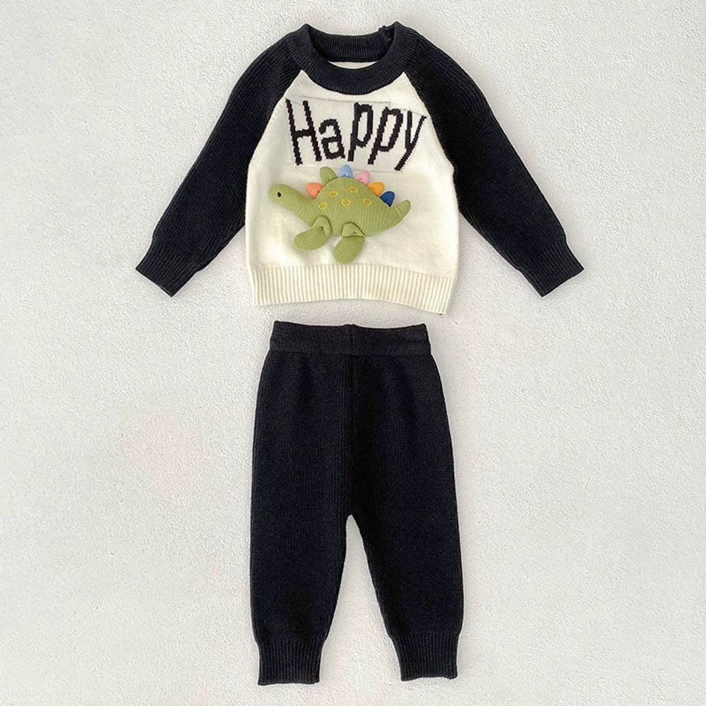 MyKids-USA® Baby Unisex Long Sleeves Color Patchwork Letters and Cartoon Pattern Knitted Top Sweater and Long Trousers Clothing Set