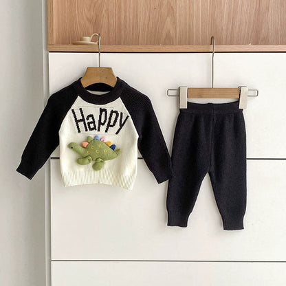 MyKids-USA® Baby Unisex Long Sleeves Color Patchwork Letters and Cartoon Pattern Knitted Top Sweater and Long Trousers Clothing Set