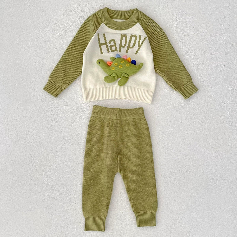 MyKids-USA® Baby Unisex Long Sleeves Color Patchwork Letters and Cartoon Pattern Knitted Top Sweater and Long Trousers Clothing Set