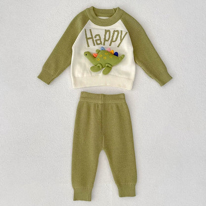 MyKids-USA® Baby Unisex Long Sleeves Color Patchwork Letters and Cartoon Pattern Knitted Top Sweater and Long Trousers Clothing Set