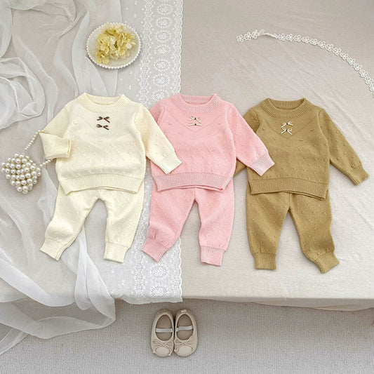 MyKids-USA® Baby Unisex Long Sleeves Solid Color Jacquard Pattern Knitted Top Sweater and Long Trousers Clothing Set