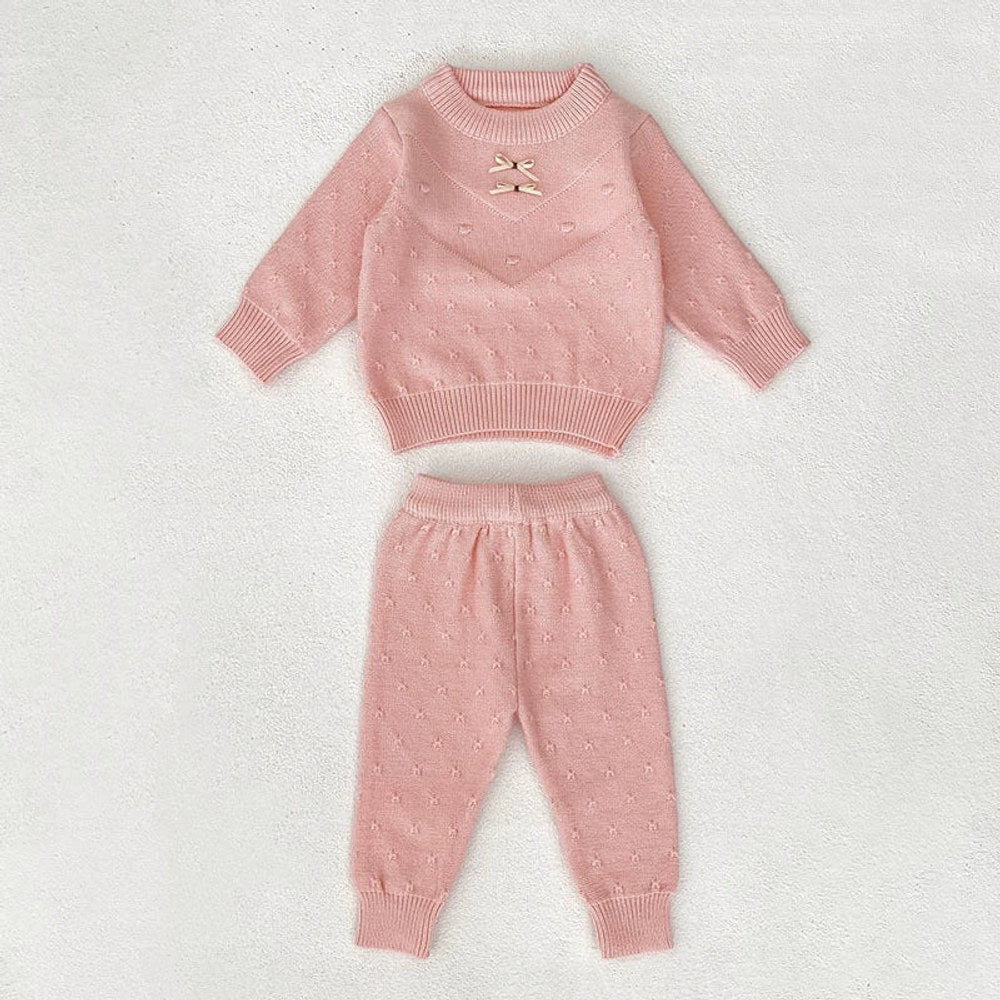 MyKids-USA® Baby Unisex Long Sleeves Solid Color Jacquard Pattern Knitted Top Sweater and Long Trousers Clothing Set