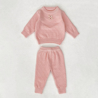 MyKids-USA® Baby Unisex Long Sleeves Solid Color Jacquard Pattern Knitted Top Sweater and Long Trousers Clothing Set