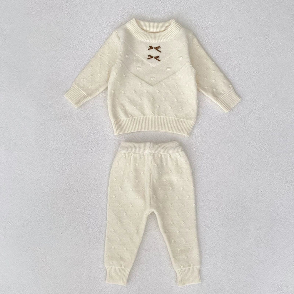MyKids-USA® Baby Unisex Long Sleeves Solid Color Jacquard Pattern Knitted Top Sweater and Long Trousers Clothing Set