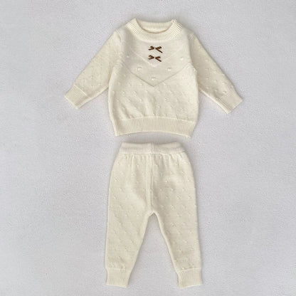 MyKids-USA® Baby Unisex Long Sleeves Solid Color Jacquard Pattern Knitted Top Sweater and Long Trousers Clothing Set