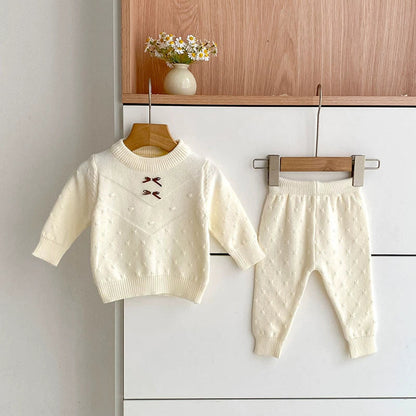 MyKids-USA® Baby Unisex Long Sleeves Solid Color Jacquard Pattern Knitted Top Sweater and Long Trousers Clothing Set