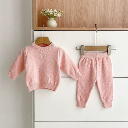 MyKids-USA® Baby Unisex Long Sleeves Solid Color Jacquard Pattern Knitted Top Sweater and Long Trousers Clothing Set