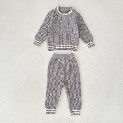 MyKids-USA® Baby Unisex Long Sleeves Geometric Jacquard Pattern Knitted Top Sweater and Long Trousers Clothing Set