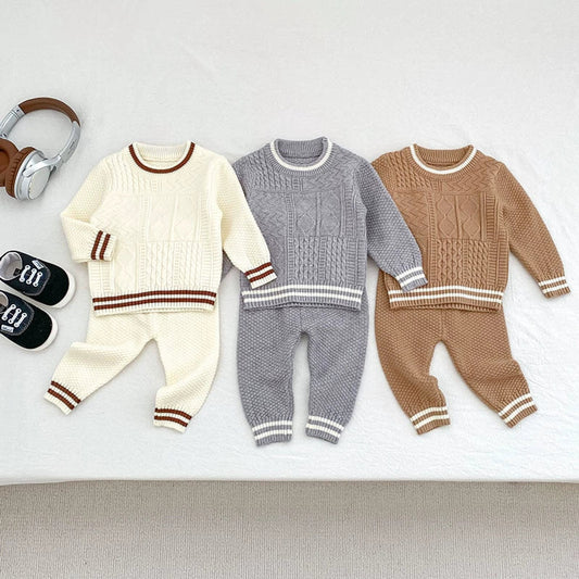 MyKids-USA® Baby Unisex Long Sleeves Geometric Jacquard Pattern Knitted Top Sweater and Long Trousers Clothing Set