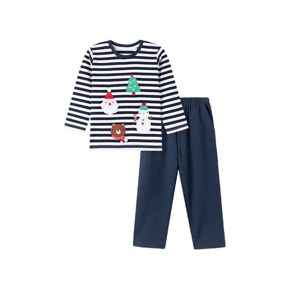 MyKids-USA® Boys Christmas Cartoon Pattern Long Sleeves Striped Clothing Set