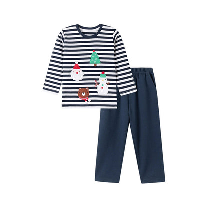 MyKids-USA® Boys Christmas Cartoon Pattern Long Sleeves Striped Clothing Set