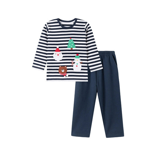 MyKids-USA® Boys Christmas Cartoon Pattern Long Sleeves Striped Clothing Set