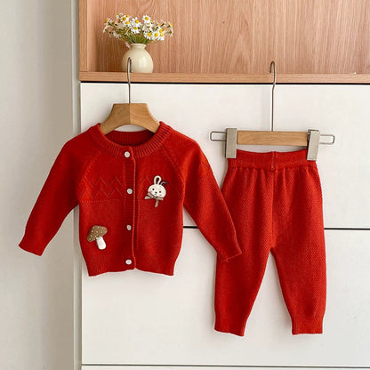 MyKids-USA® Baby Girls Long Sleeves Hollow-out and Cartoon Pattern Knitted Top Cardigan and Long Trousers Clothing Set