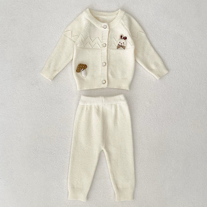 MyKids-USA® Baby Girls Long Sleeves Hollow-out and Cartoon Pattern Knitted Top Cardigan and Long Trousers Clothing Set