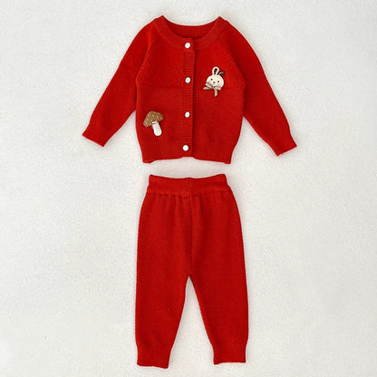 MyKids-USA® Baby Girls Long Sleeves Hollow-out and Cartoon Pattern Knitted Top Cardigan and Long Trousers Clothing Set