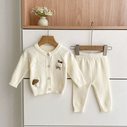 MyKids-USA® Baby Girls Long Sleeves Hollow-out and Cartoon Pattern Knitted Top Cardigan and Long Trousers Clothing Set