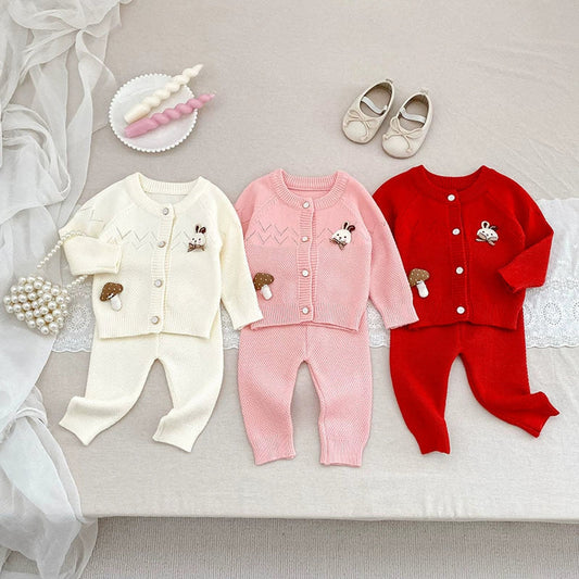 MyKids-USA® Baby Girls Long Sleeves Hollow-out and Cartoon Pattern Knitted Top Cardigan and Long Trousers Clothing Set