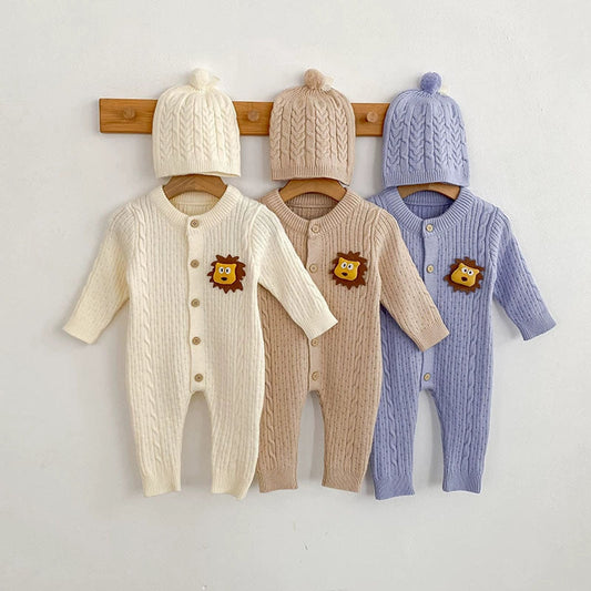 MyKids-USA® Autumn Arrival Unisex Baby’s Jacquard and Cartoon Pattern Knitted Rompers with Hat
