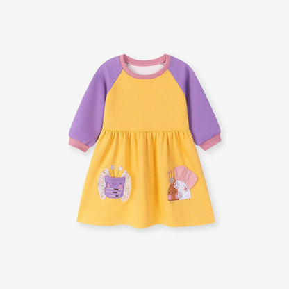 MyKids-USA® Cartoon Pattern Color Patchwork Long Sleeves Crew Neck Dress for Stylish Girls